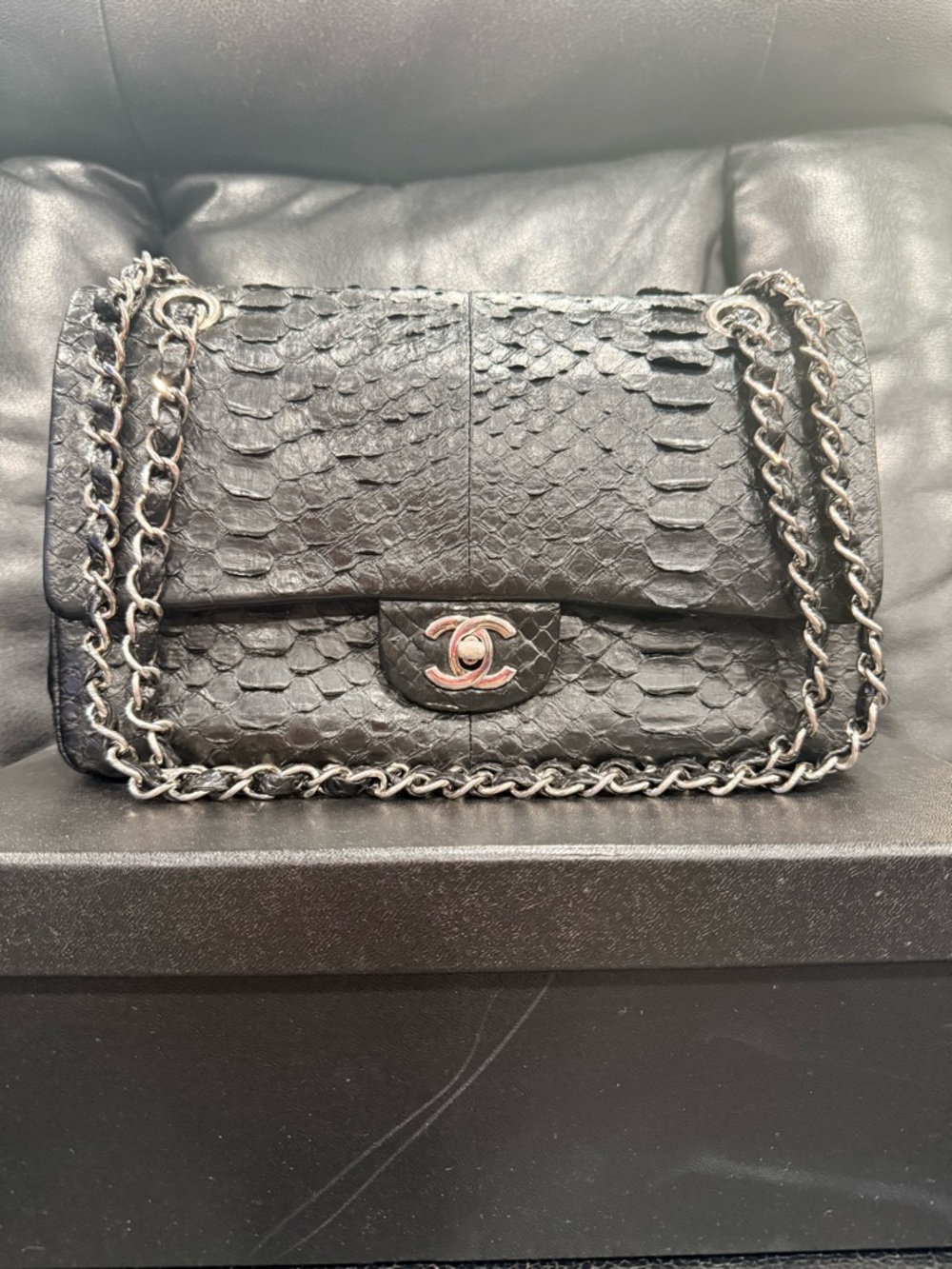 CHANEL  Classic Double Flap Bag Python Medium